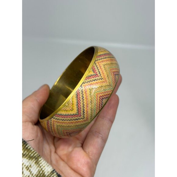 VTG Chevron Zigzag Colorful Rainbow Bangle Bracelet Gold Tone Retro Geometric 3" - Picture 3 of 7